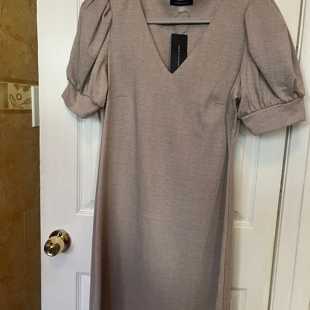 Tommy Hilfiger Beige Midi Dress with Puff Sleeves